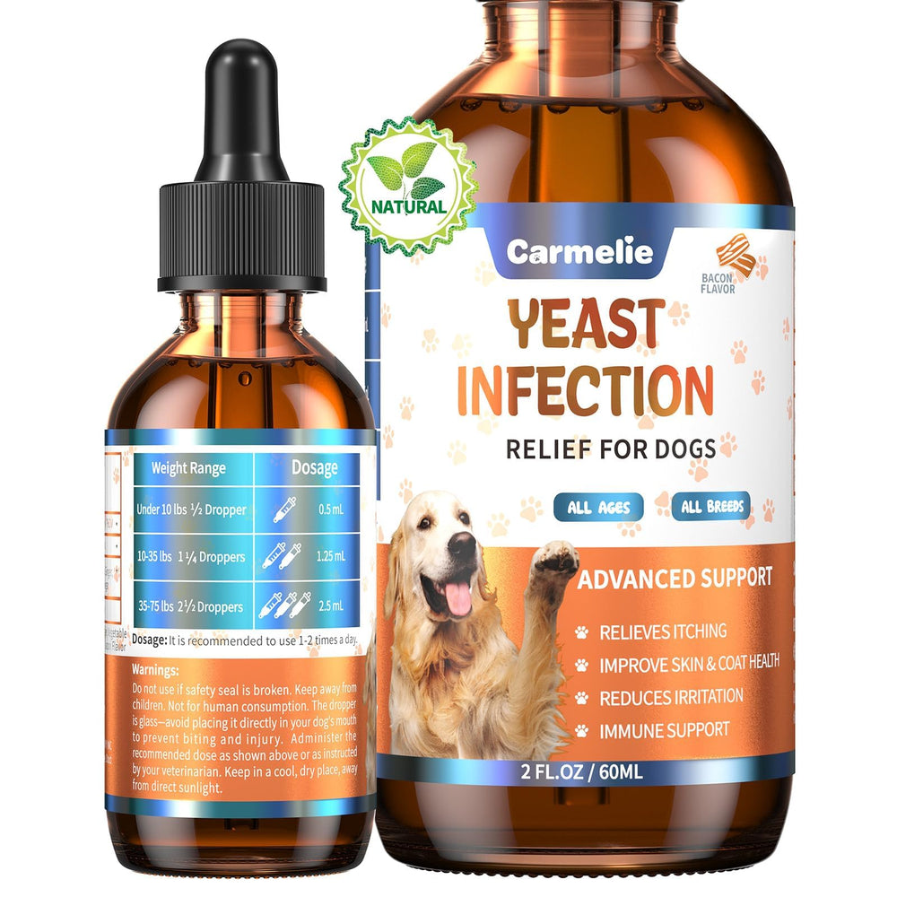 Carmelie yeast relief for dogs bottle shown for easy daily dosing
