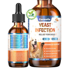 Carmelie yeast relief for dogs bottle shown for easy daily dosing