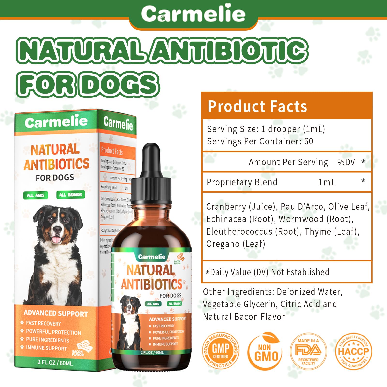 Carmelie dosage guide demonstrates weight-based dosing with the included dropper.