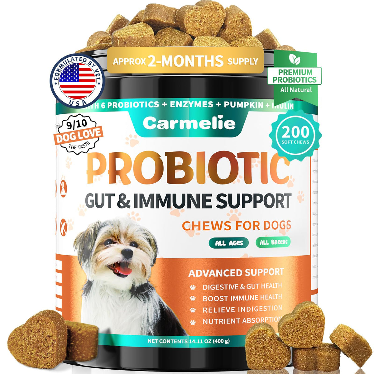 Carmelie Probiotics packaging showing 200 chews for easy daily care.