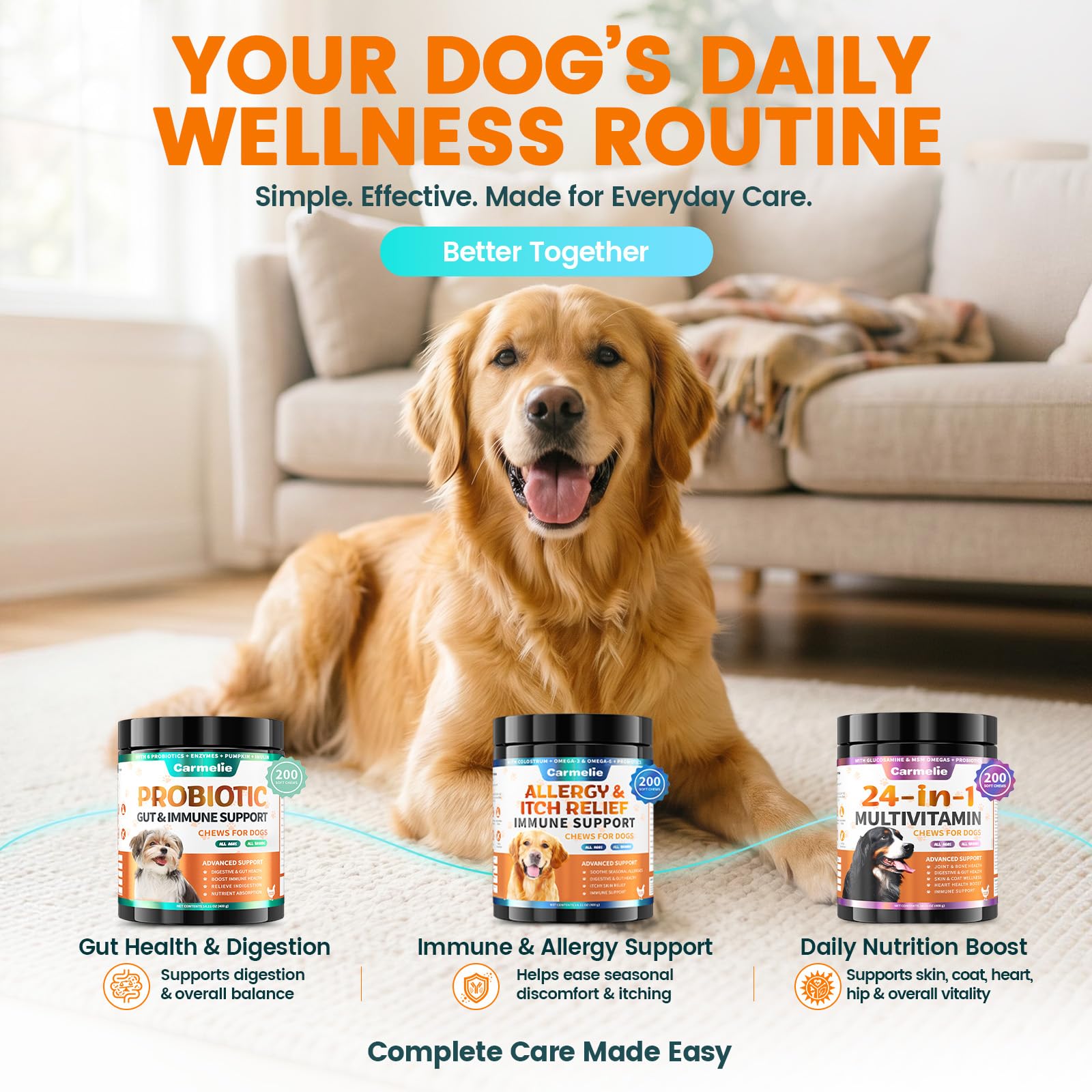 Carmelie chews suitable for puppies to seniors.