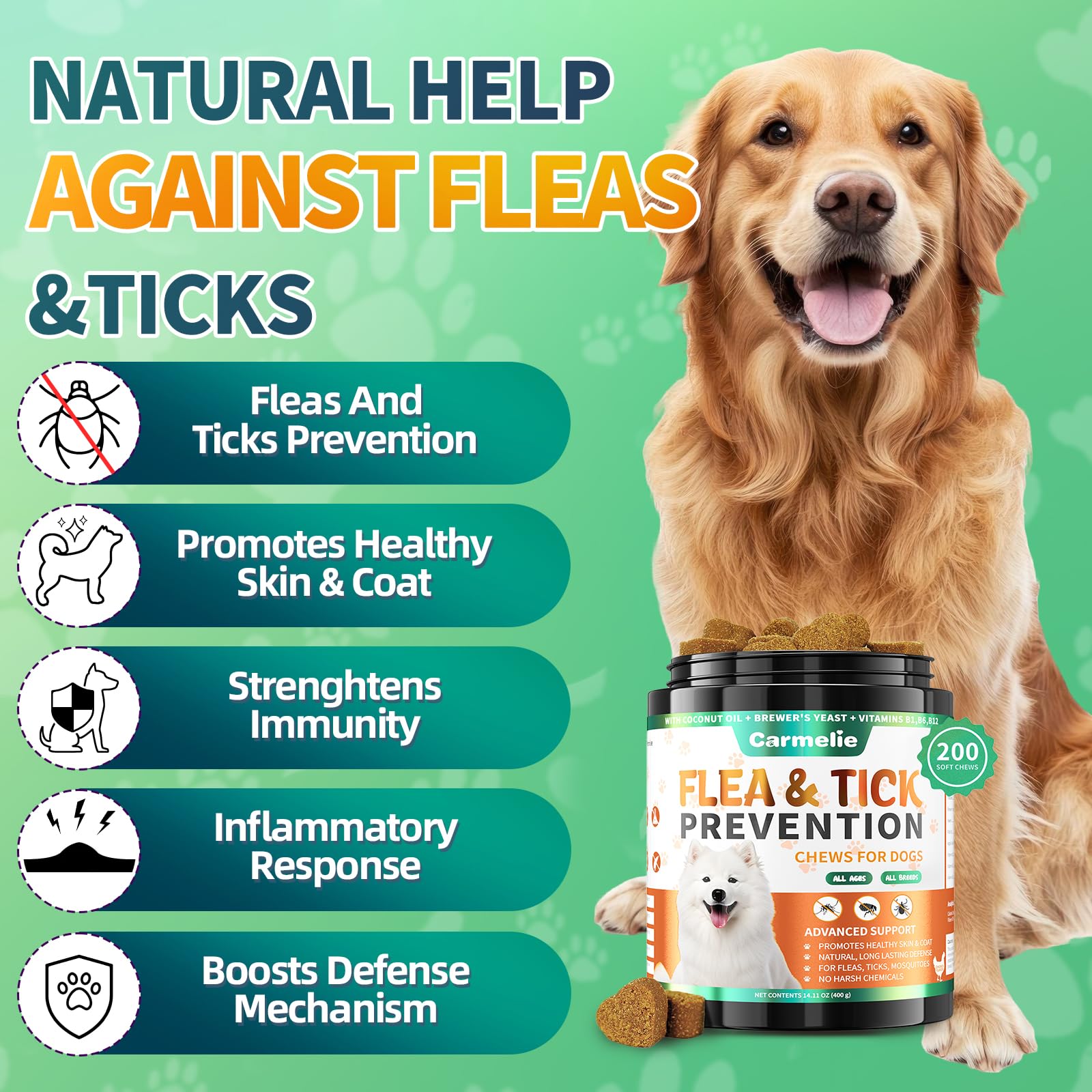 Carmelie soft chews on a dog's nose for easy daily use