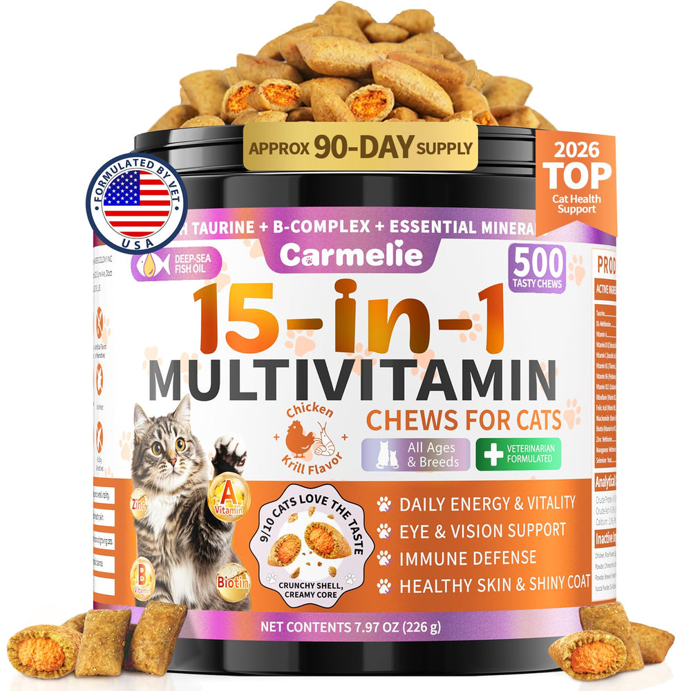 Carmelie Taurine for Cats 15-in-1 chews provide daily nourishment for eyes and energy.