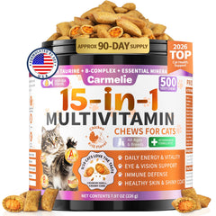 Carmelie Taurine for Cats 15-in-1 chews provide daily nourishment for eyes and energy.