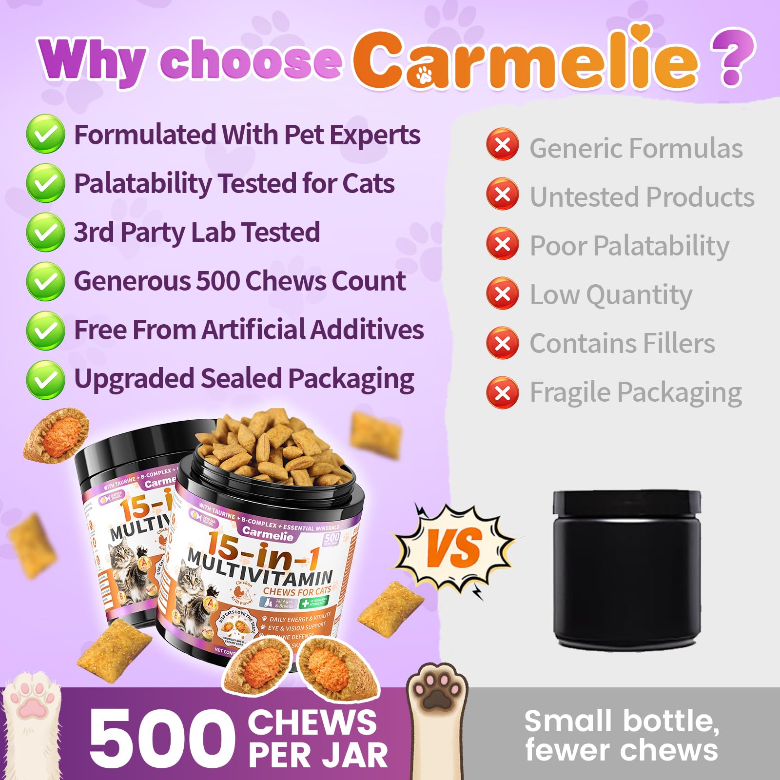 Carmelie Taurine for Cats 500-chews jar offers long-lasting nutrition and value.