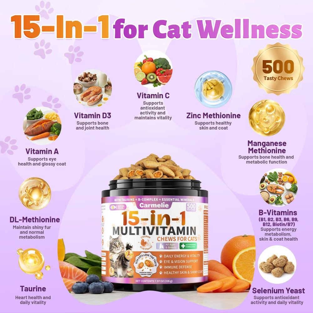 Carmelie Taurine for Cats skin and coat formula promotes softness, shine, and reduced shedding.