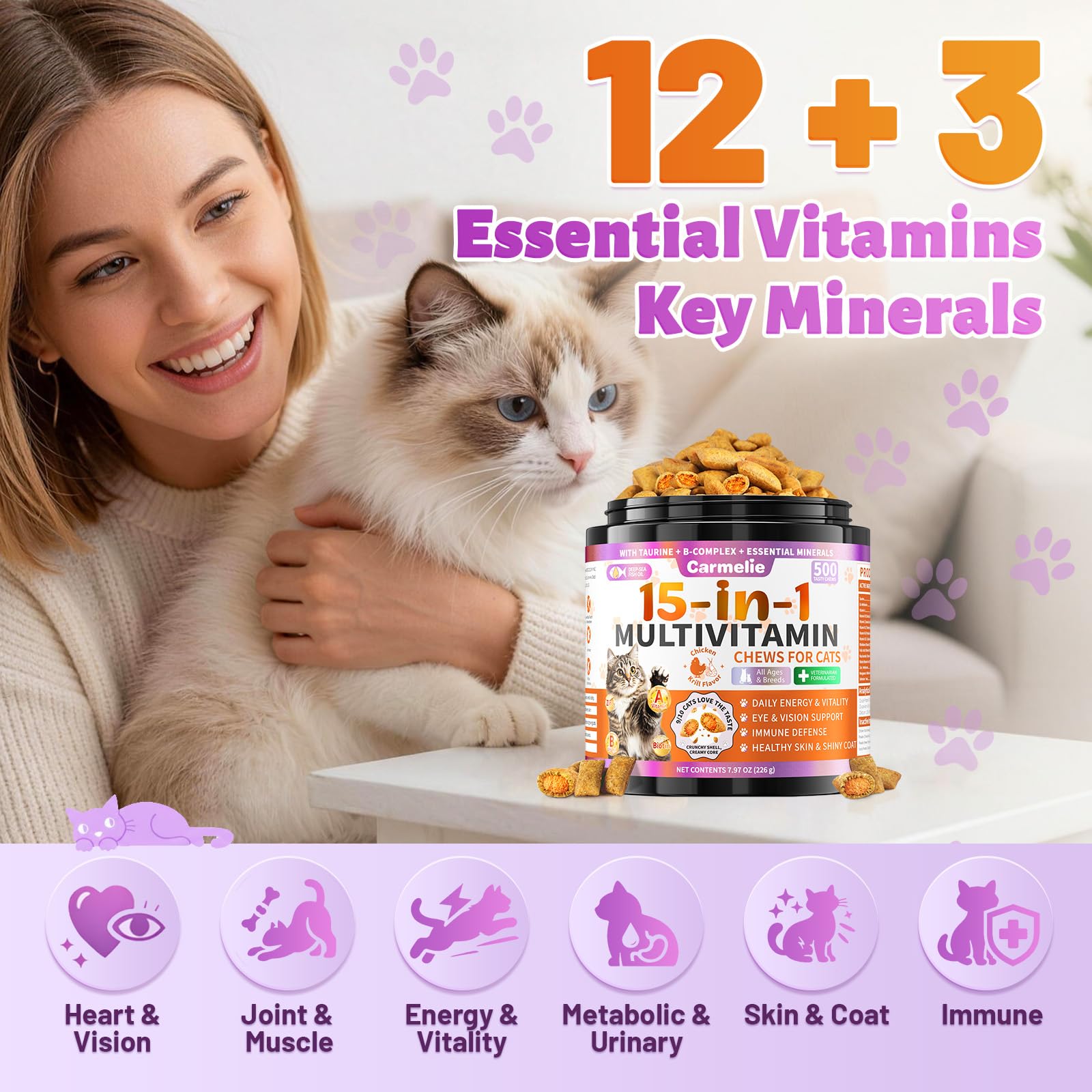 Carmelie Taurine for Cats dual-flavor center showcases tasty enjoyment for most cats during daily nutrition.