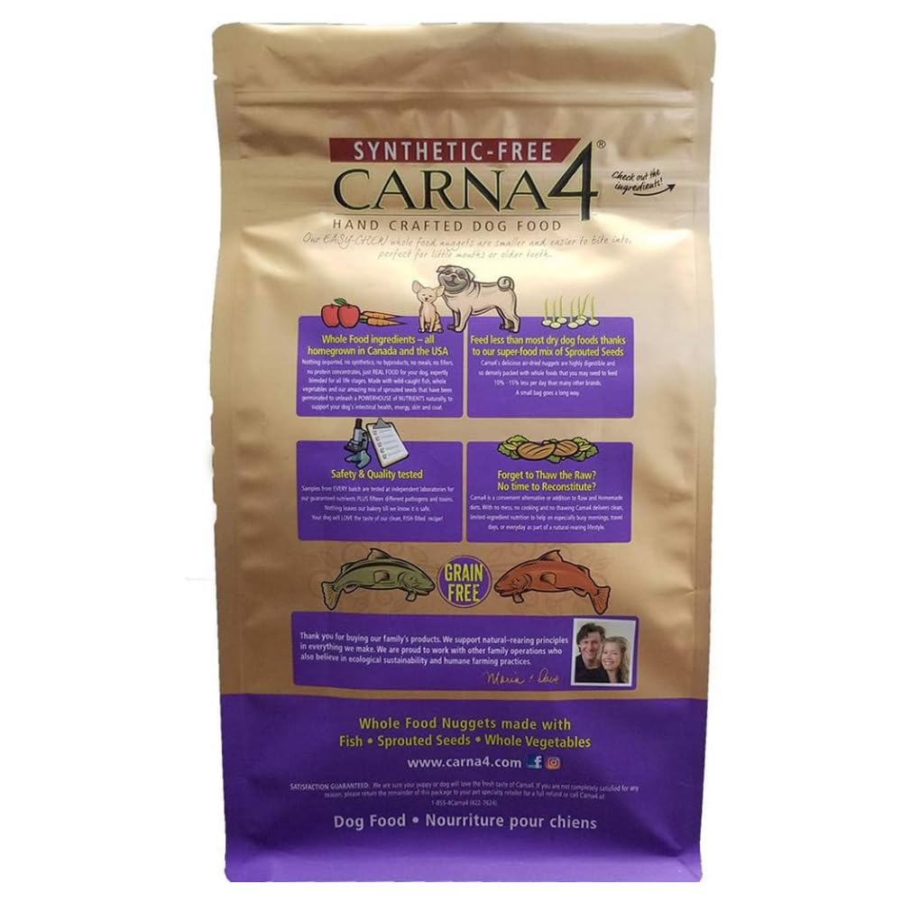 CARNA4 packaging label emphasizes safety, grain-free nutrition, and no synthetics.