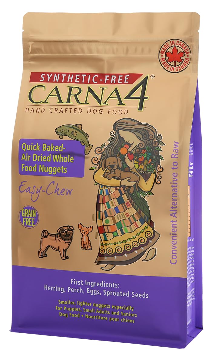 CARNA4 Fish Recipe air-dried dog food texture close-up, supports healthy coat and digestion.