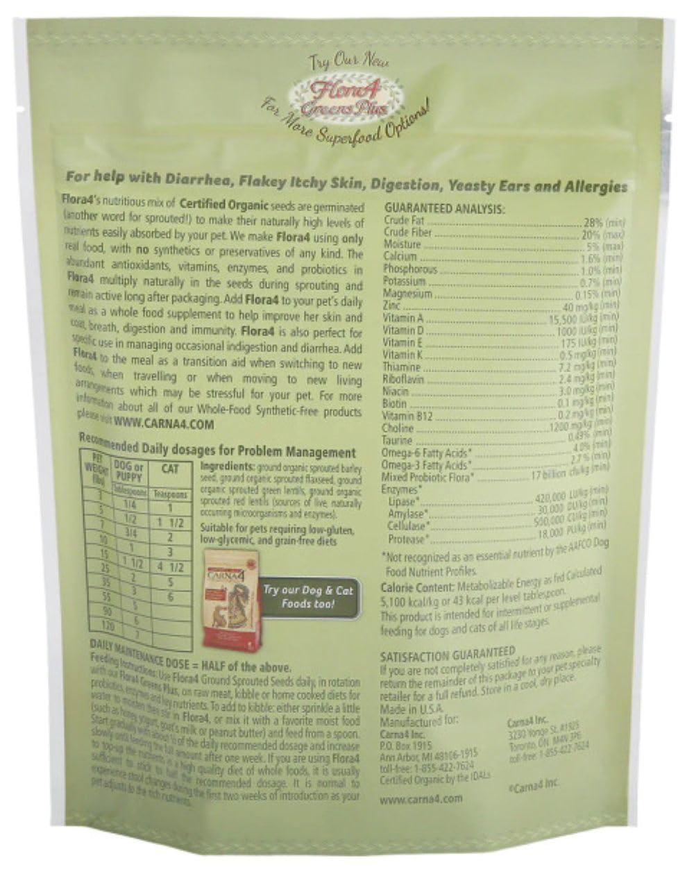 Close-up of CARNA4 Flora4 texture showing sprouts delivering probiotics for digestive support.