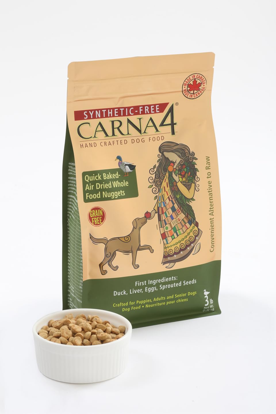 Real ingredients label on CARNA4 packaging, non-GMO and free of synthetics.