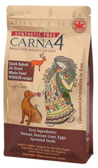 CARNA4 venison air-dried dog food bag, showcasing real-food nutrition for steady energy and convenient feeding.
