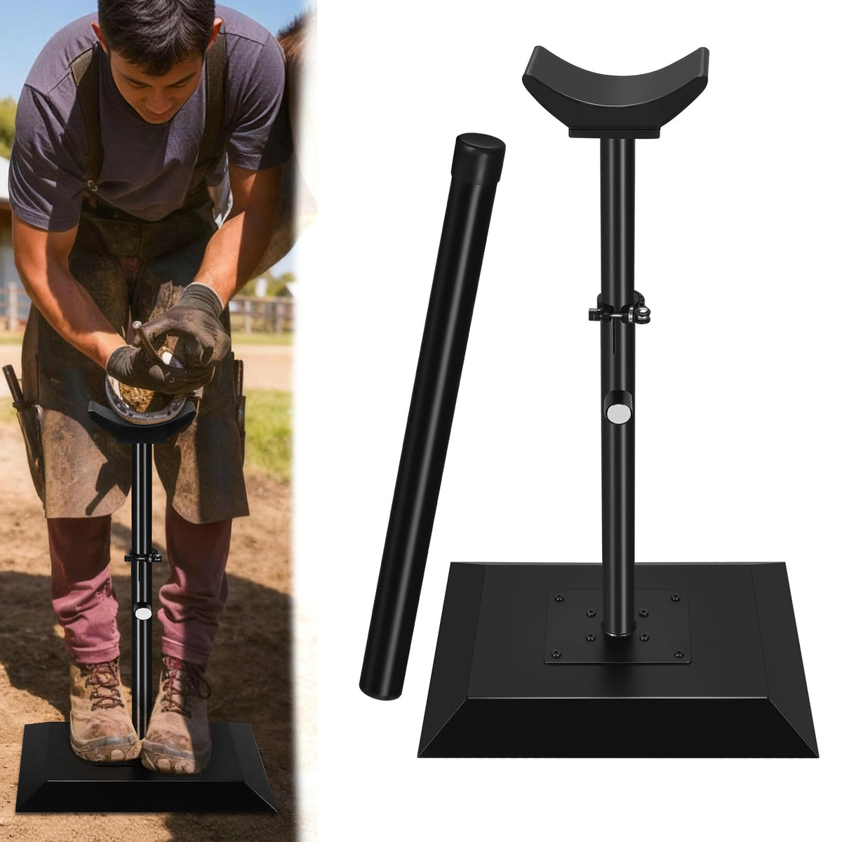 CAROD hoof stand with two support rods for stable trimming.