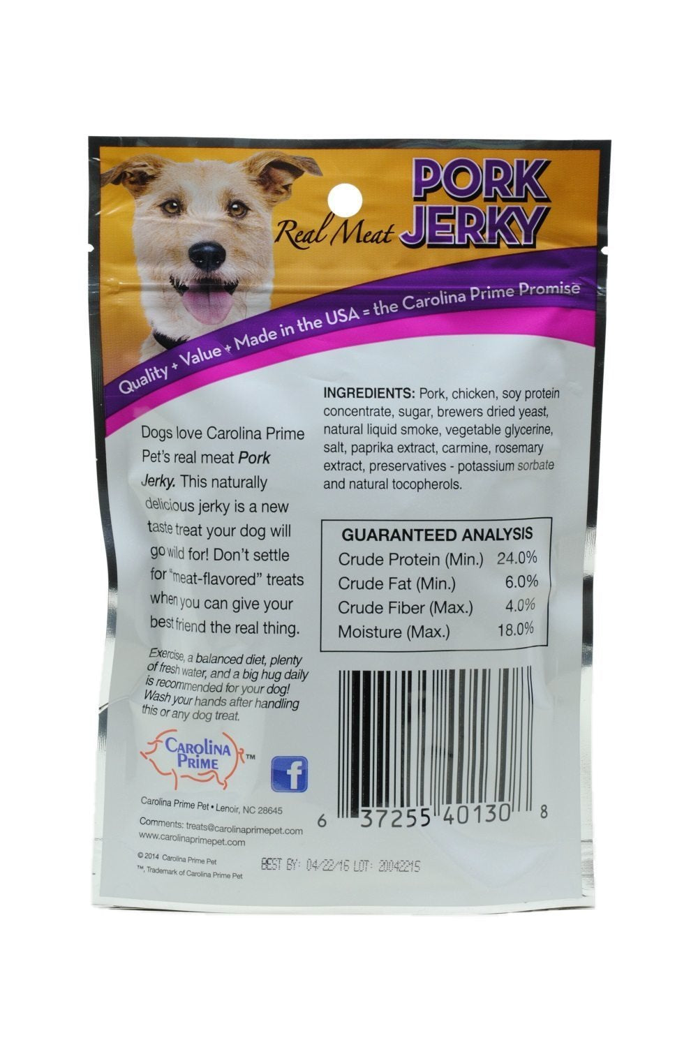 Carolina Prime Pork Jerky 3-Pack close-up shows real pork and chicken first ingredients.