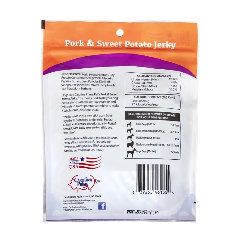 Carolina Prime Pork & Sweet Potato Jerky close-up highlights real pork and potato pieces for dogs