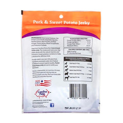 Carolina Prime Pork & Sweet Potato Jerky close-up highlights real pork and potato pieces for dogs