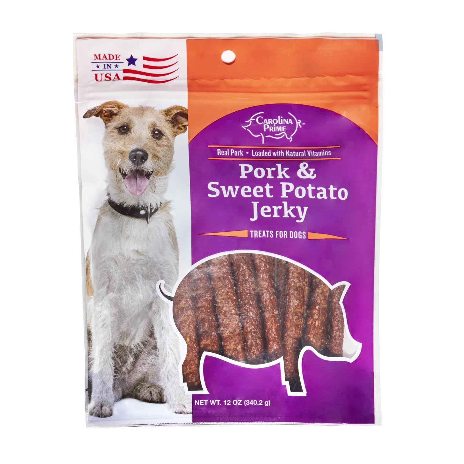 Carolina Prime Pork & Sweet Potato Jerky pack shot showing real ingredients for dogs
