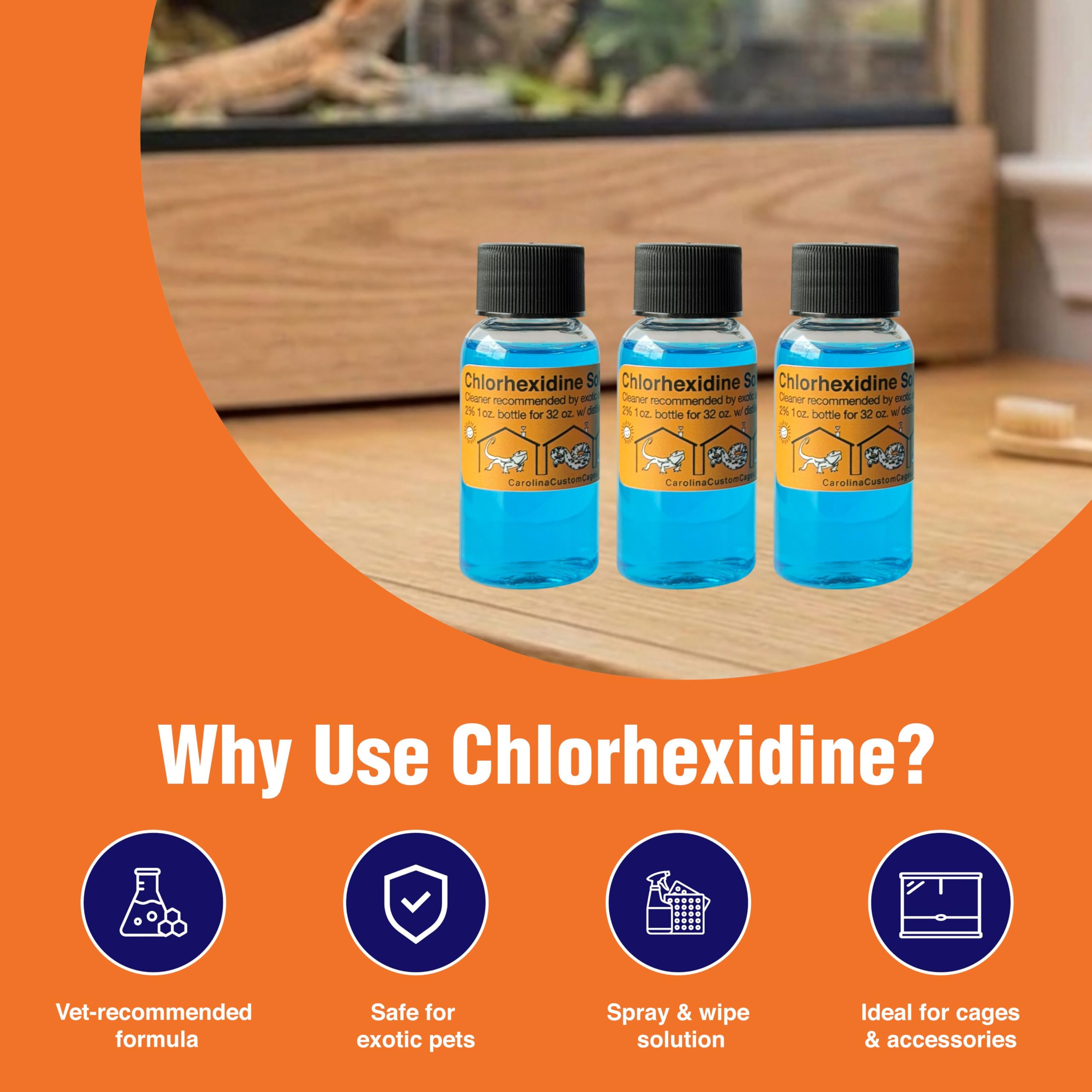 CAROLINACUSTOMCAGES chlorhexidine bath use supports gentle reptile soaking.