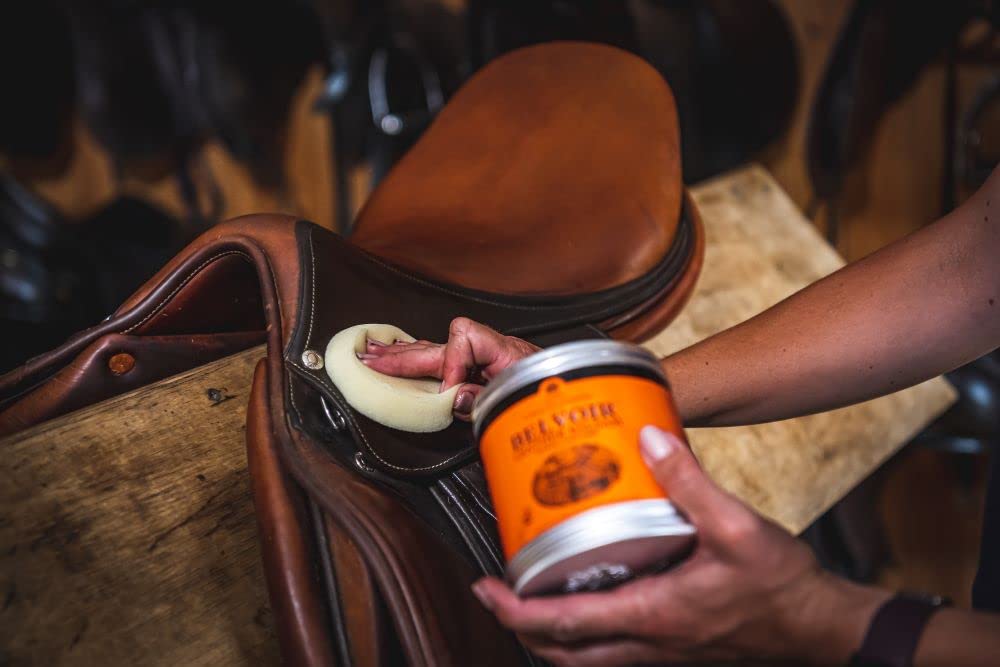 Belvoir Leather Balsam applied to leather showing deep conditioning and restoration