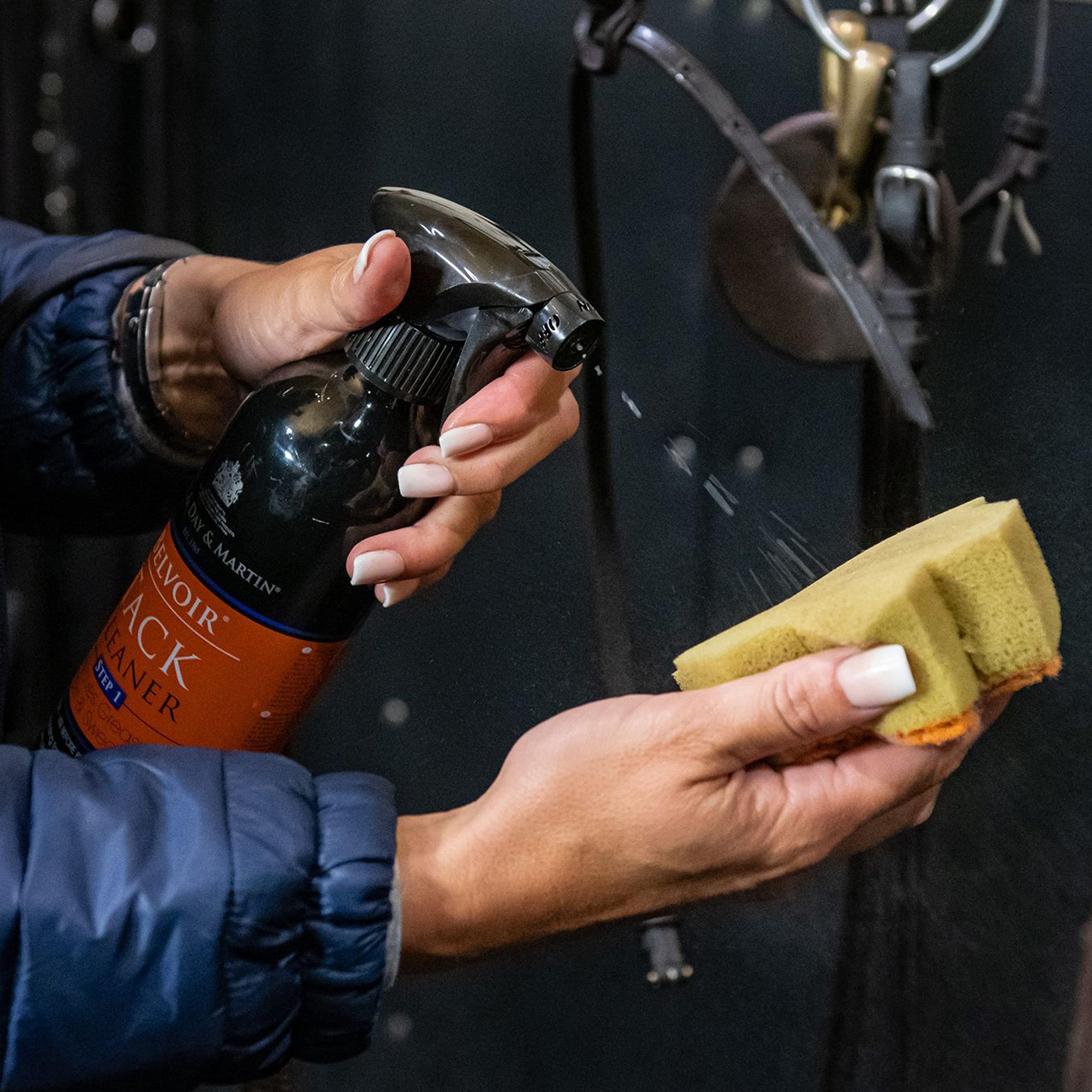 Carr Day Martin Belvoir Tack Cleaner Step 1 spray application for thorough cleaning.