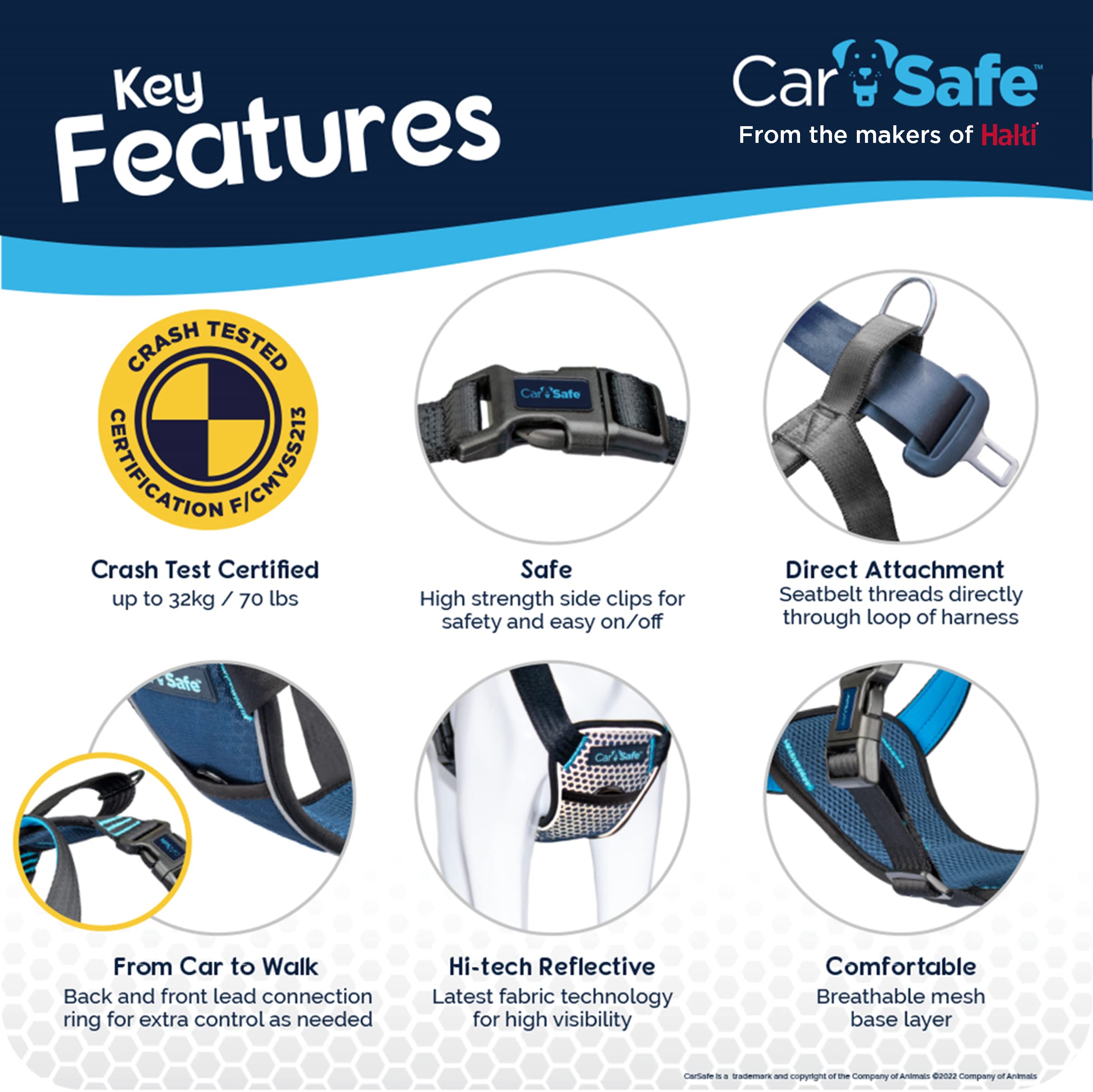 Carsafe harness cushioned breathable chest area delivers comfortable travel for dogs.