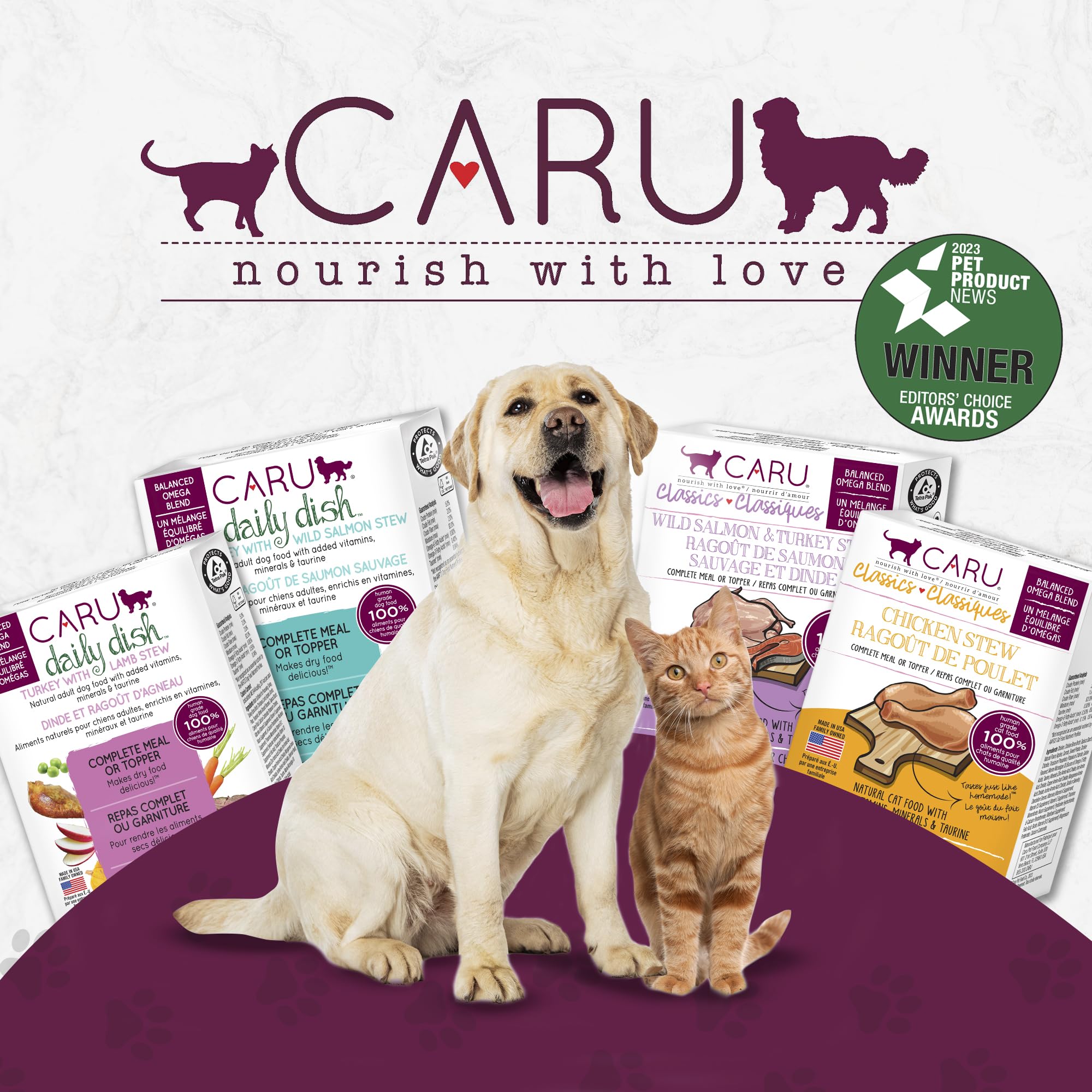 Caru Classics Turkey Stew recyclable packaging showcases USA-made, non-GMO formula.