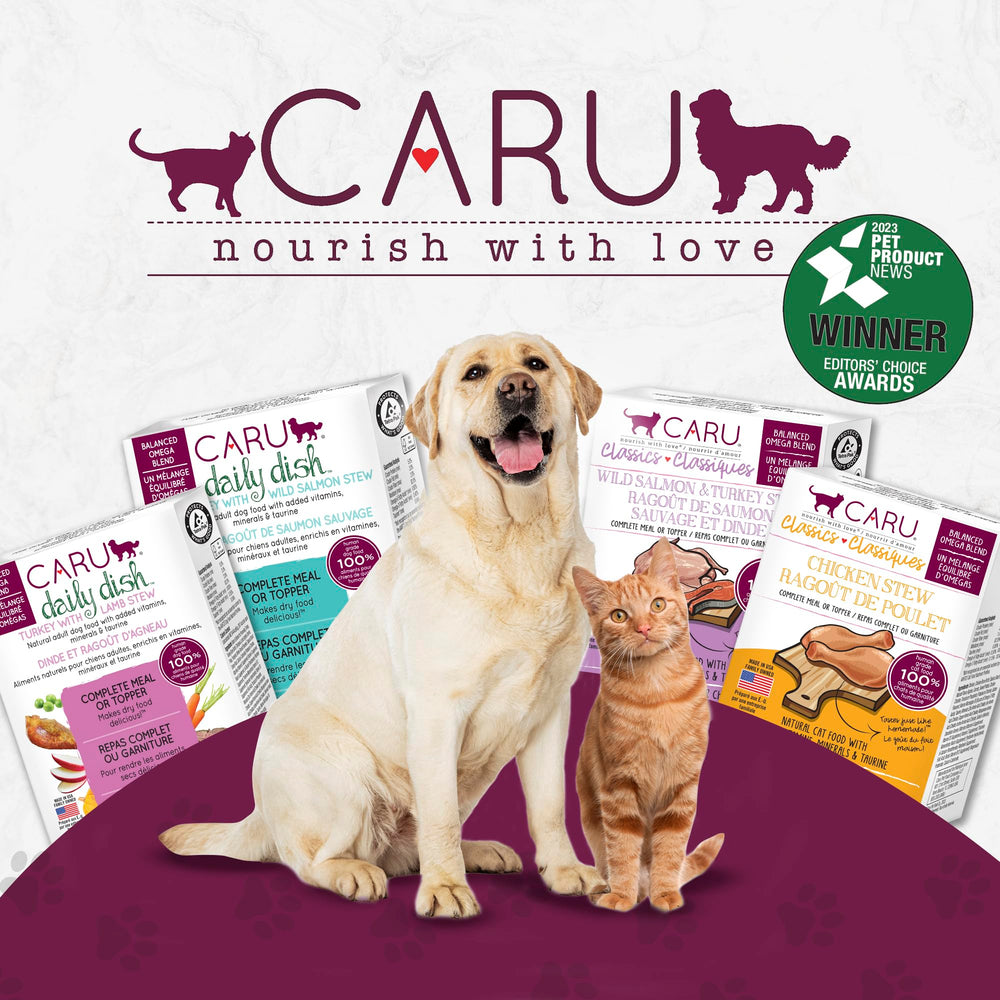 Caru Classics Turkey Stew recyclable packaging showcases USA-made, non-GMO formula.