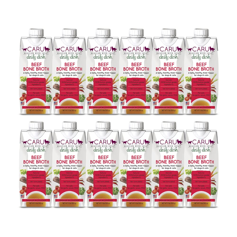 Caru Daily Dish Beef Bone Broth bottle; enriches pet meals with savory flavor.