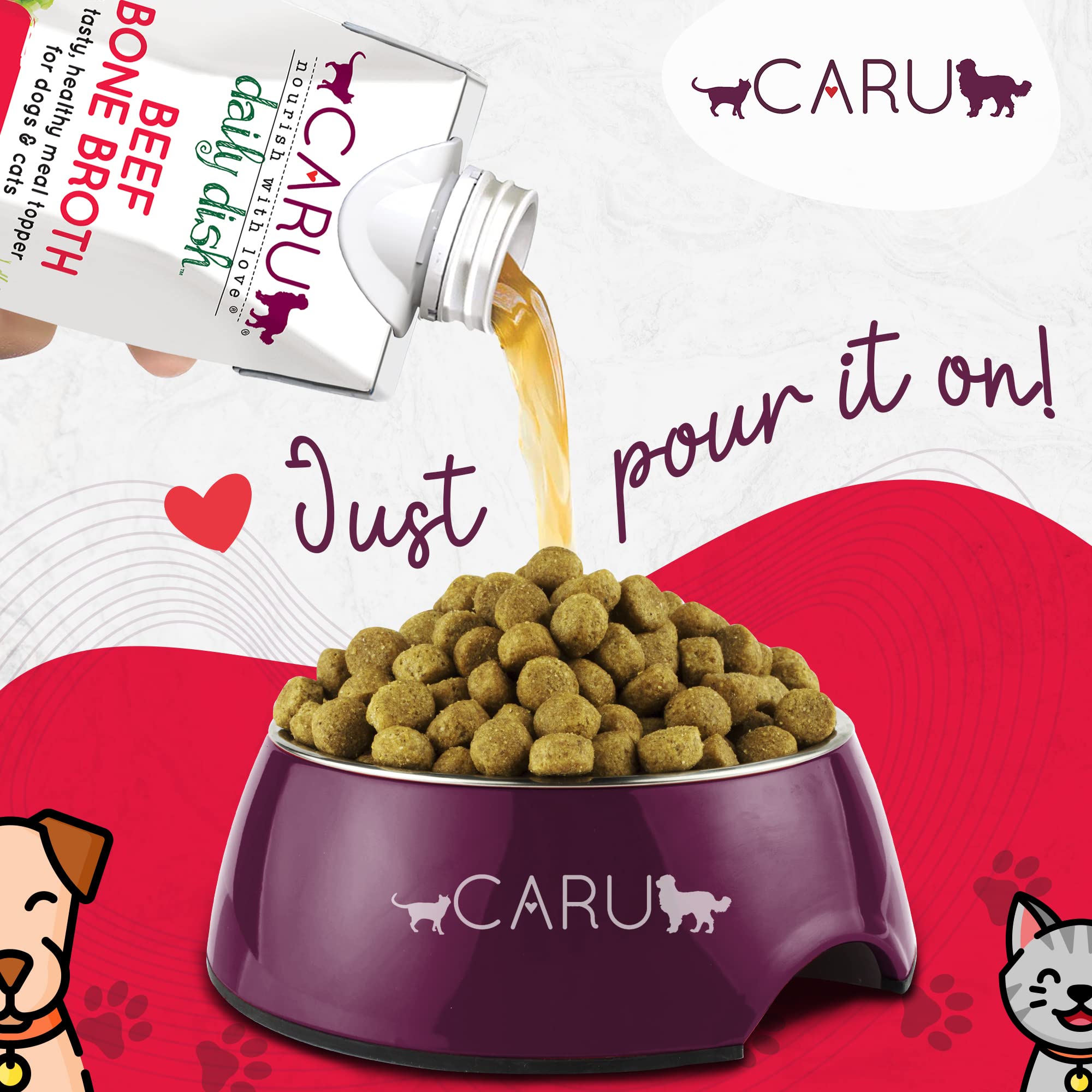 Caru Daily Dish Beef Bone Broth topping on dog and cat meals for enhanced palatability.