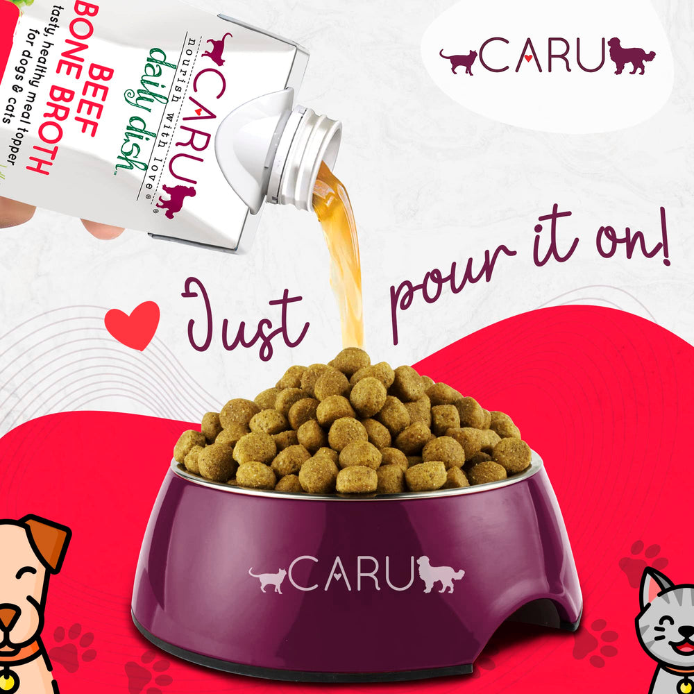 Caru Daily Dish Beef Bone Broth topping on dog and cat meals for enhanced palatability.