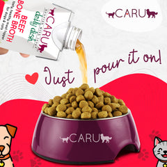 Caru Daily Dish Beef Bone Broth topping on dog and cat meals for enhanced palatability.
