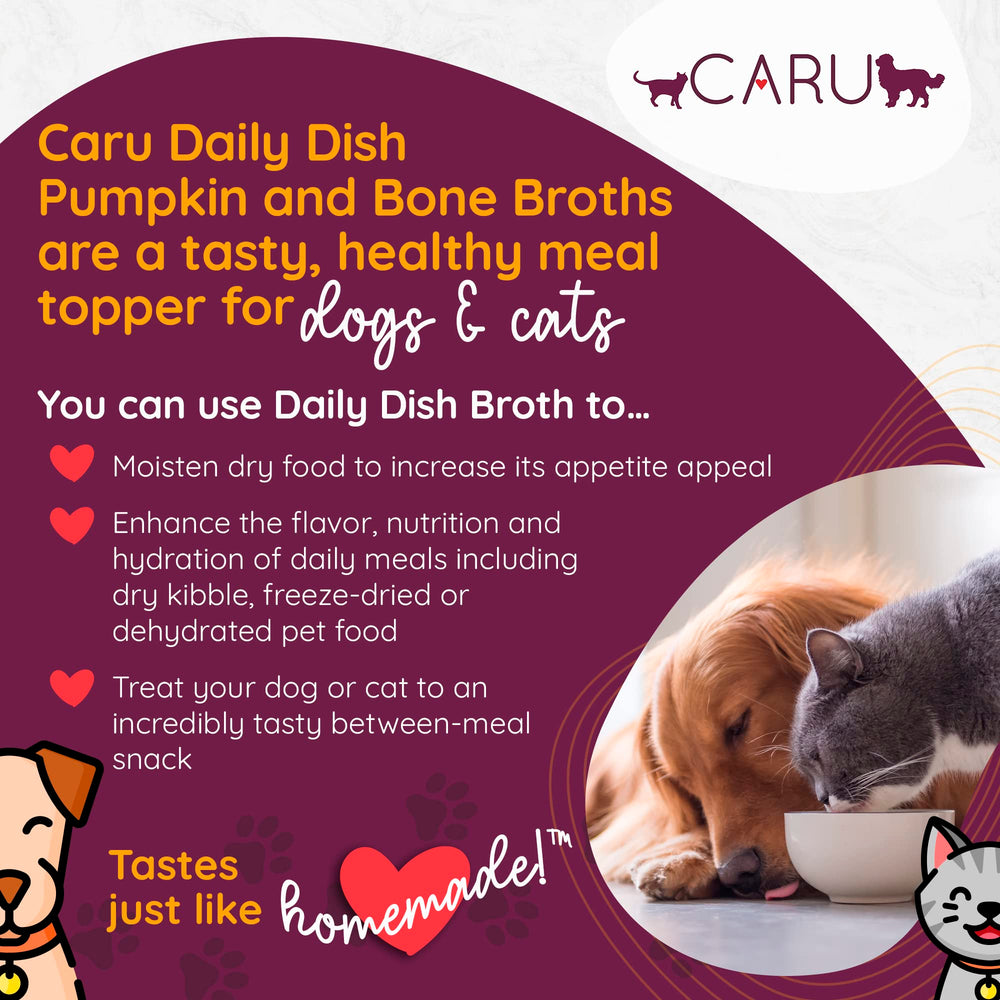 Caru Daily Dish Beef Bone Broth poured over dry kibble to boost moisture.