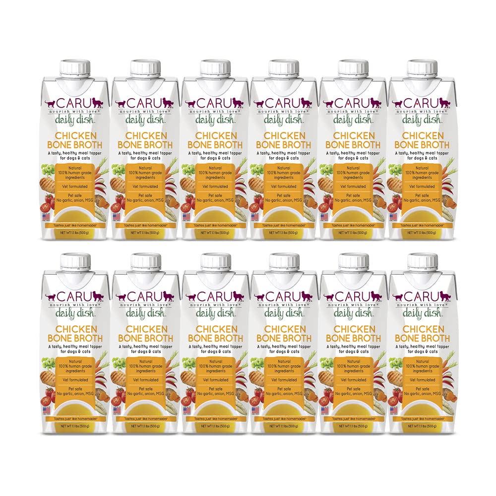 Caru Daily Dish chicken bone broth poured over pet food to boost flavor.