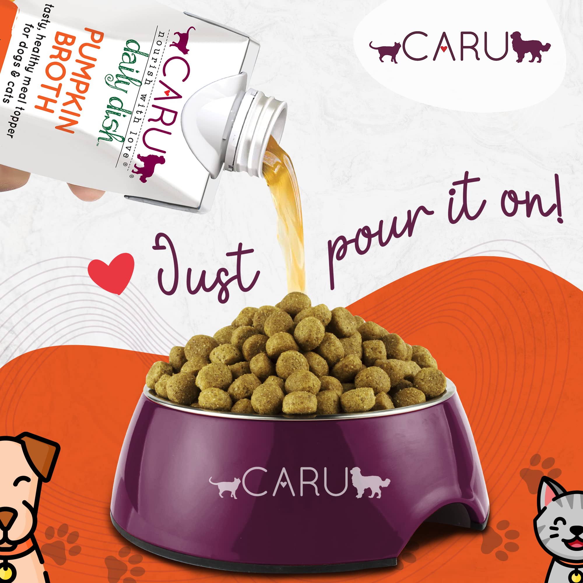 Caru pumpkin broth coats dry kibble to improve moisture and palatability