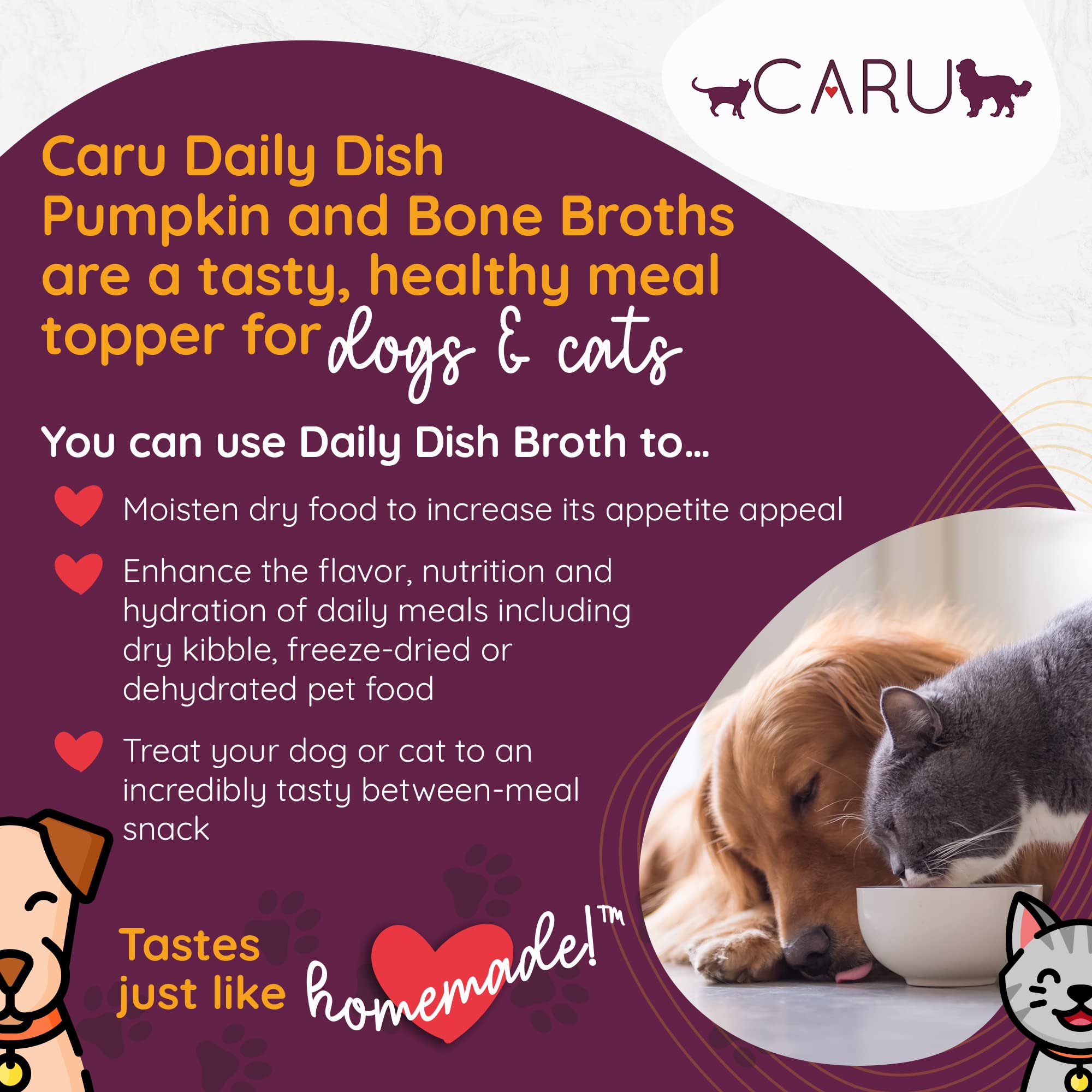 Caru pumpkin broth served over kibble enhances flavor for dogs and cats