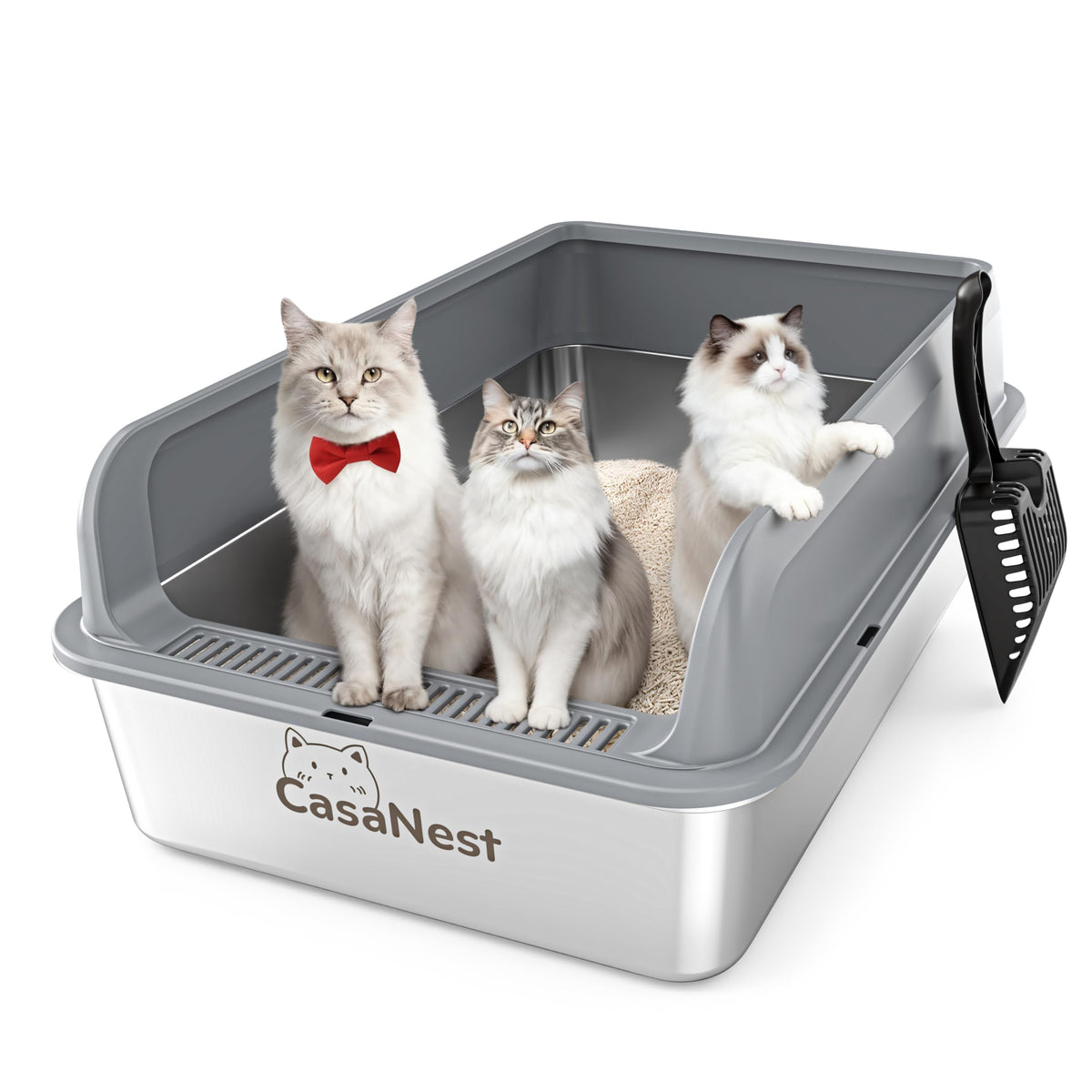 CasaNest XXXL stainless steel litter box front view for big cats.