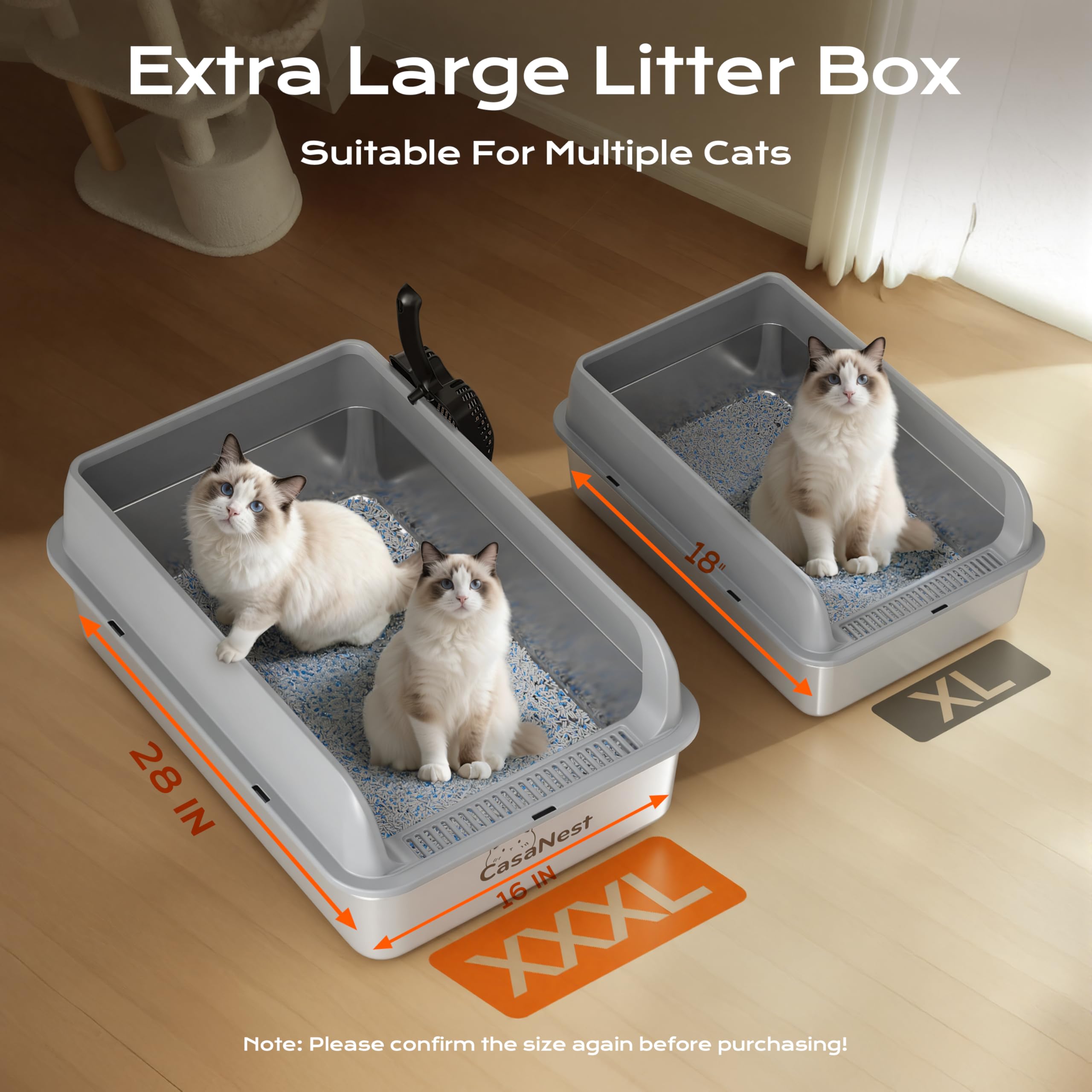 CasaNest XXXL stainless steel litter box inside view shows roomy space.
