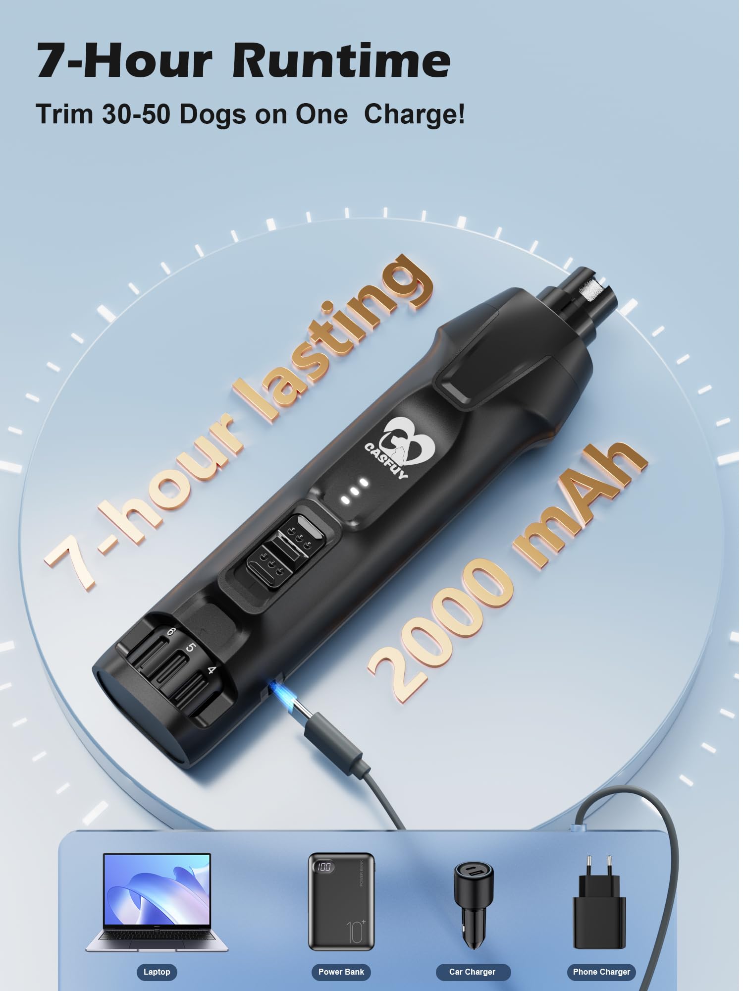 Casfuy 2000mAh battery provides long runtime for several pets.