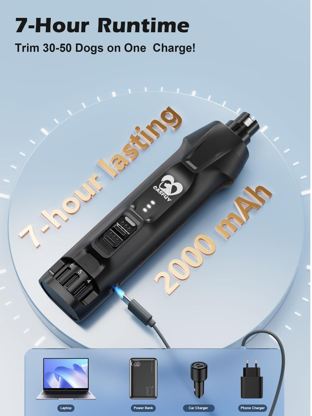 Casfuy 2000mAh battery provides long runtime for several pets.