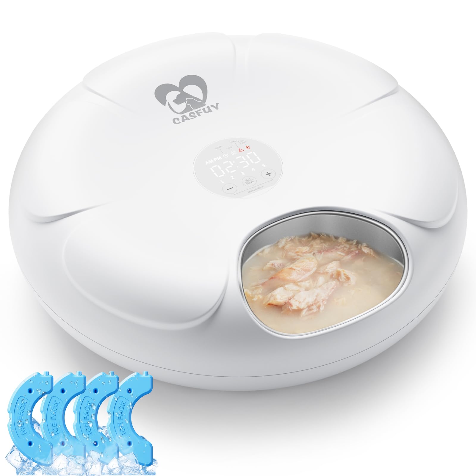 Casfuy automatic cat feeder front view with timer and compact design