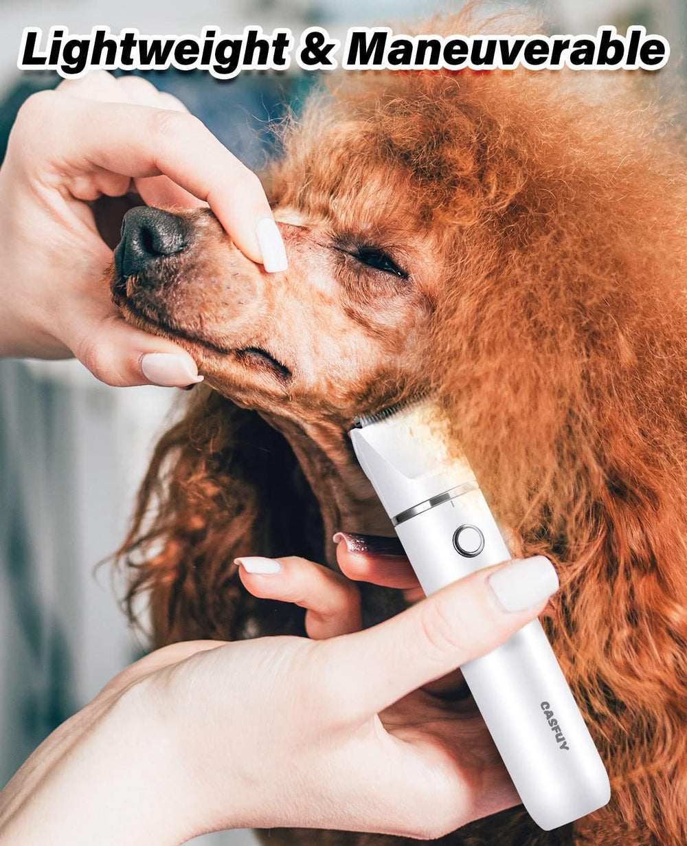 Casfuy cordless paw trimmer low noise operation for calm grooming sessions.