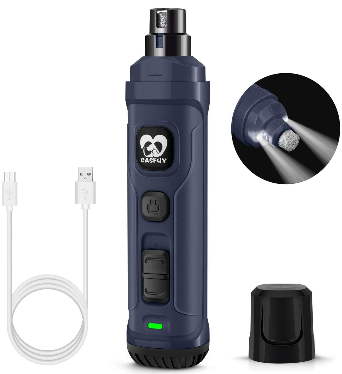 Casfuy dog nail grinder with two LED lights for precise, quick grooming.