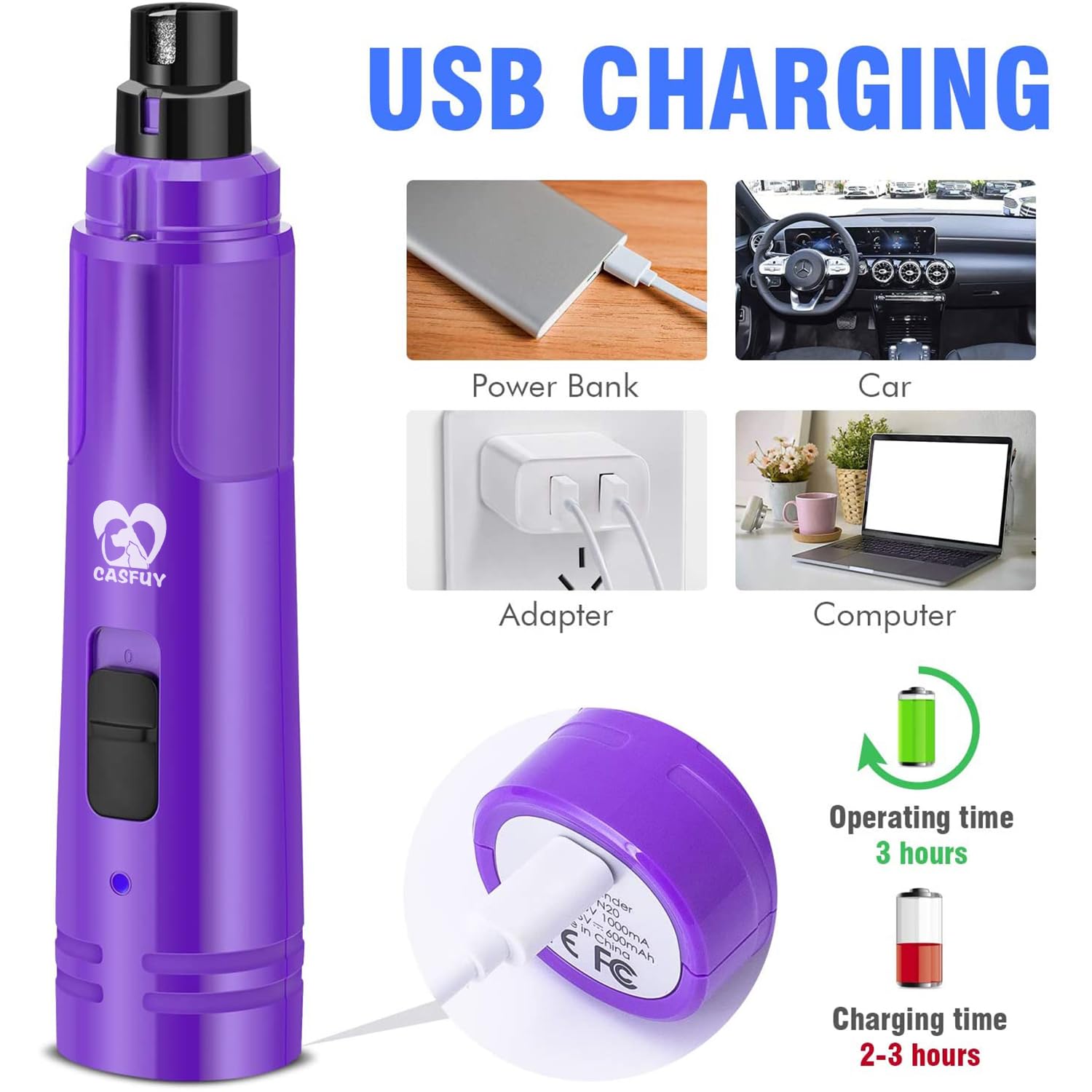 Casfuy dog nail grinder with 3 ports for small, medium, and large pets.