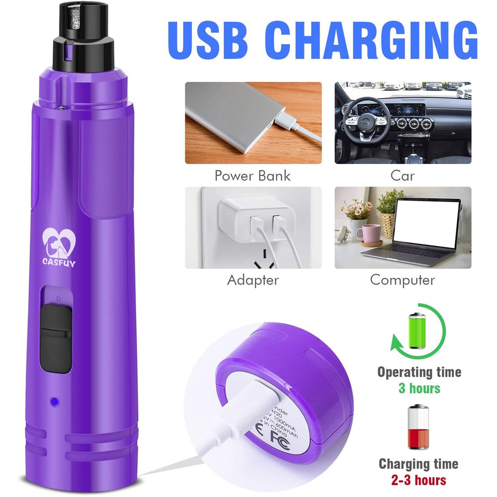 Casfuy dog nail grinder with 3 ports for small, medium, and large pets.