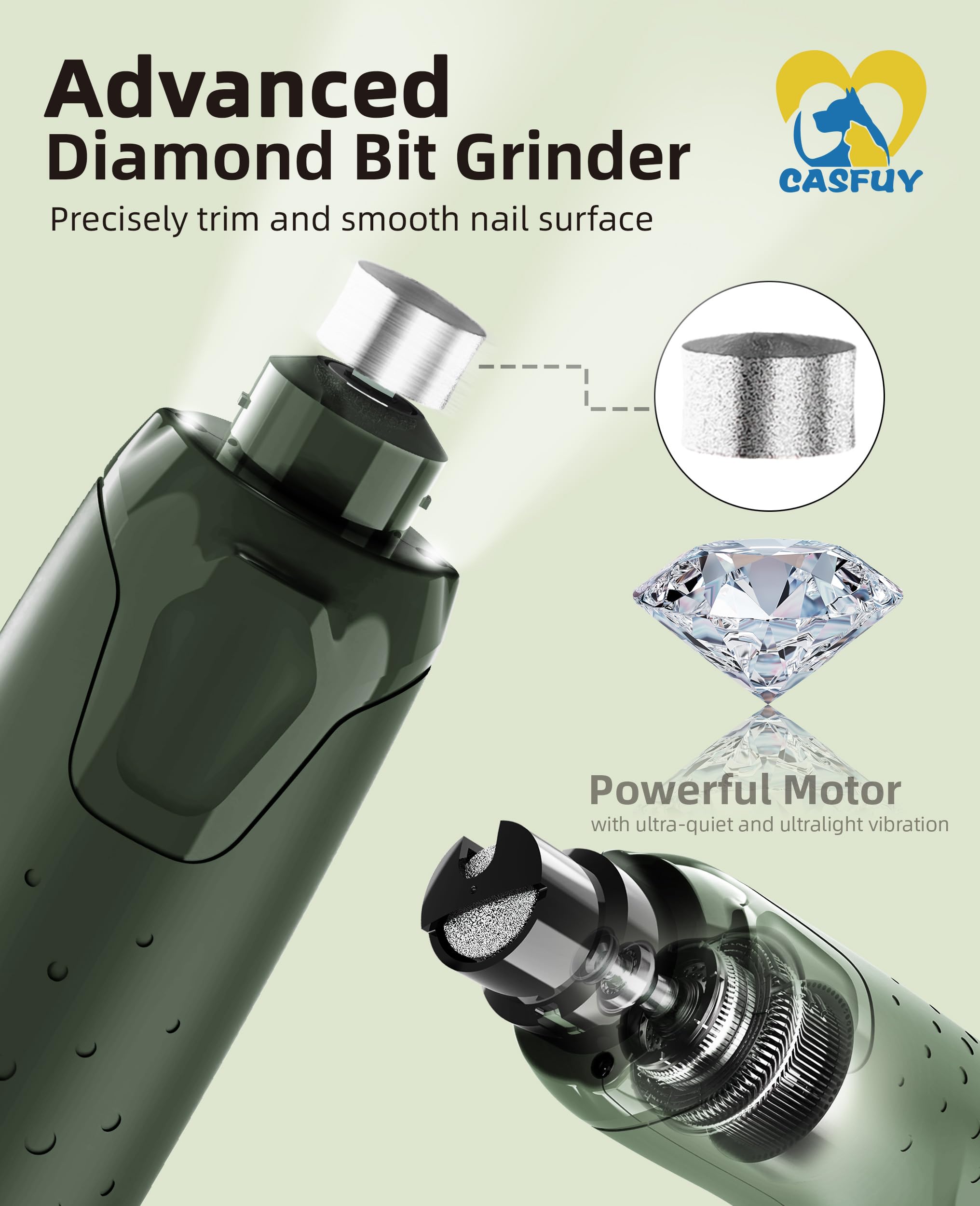 Casfuy dog nail grinder rechargeable battery for wireless use.