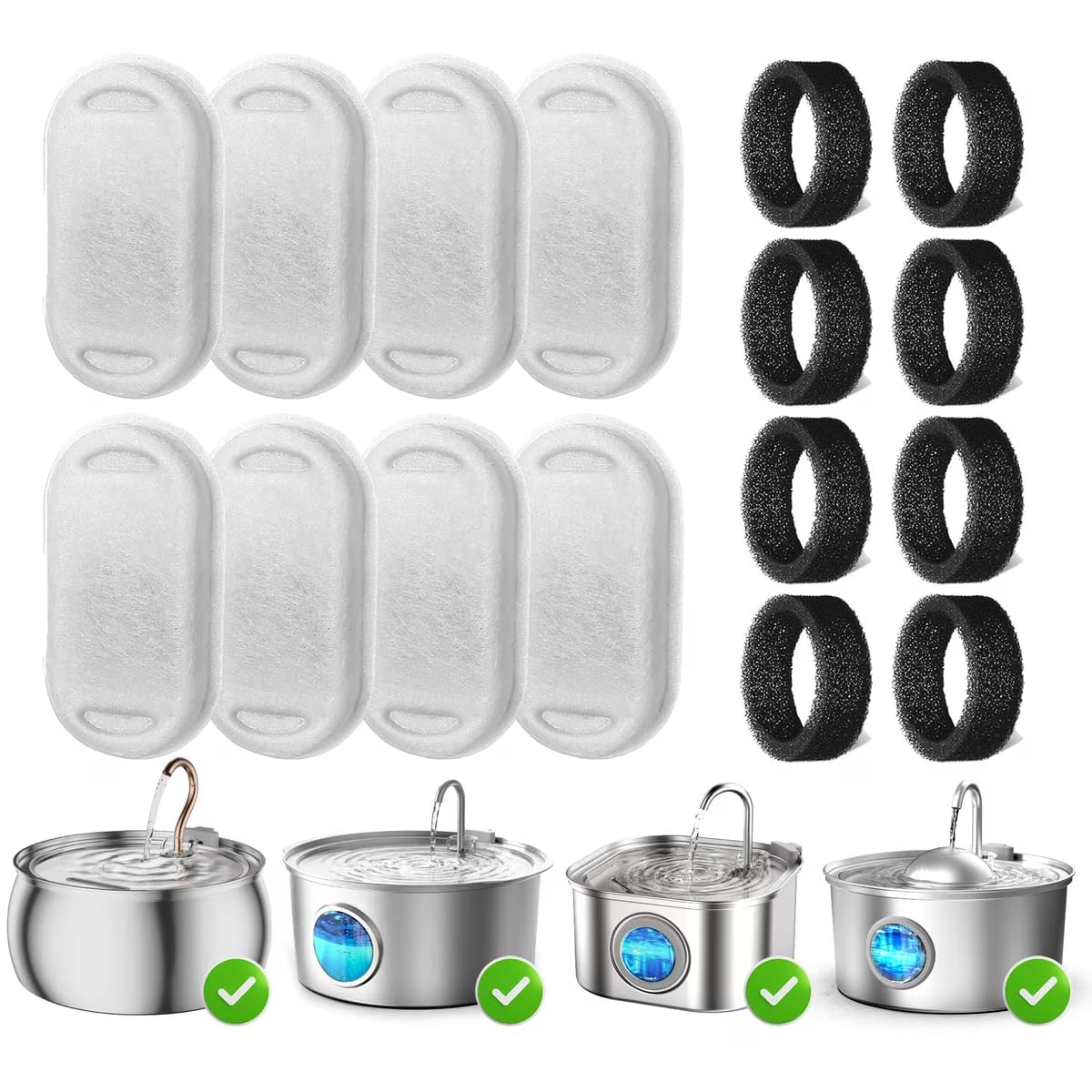 Casfuy 8-pack filters showing compatibility with multiple Casfuy fountains for easy replacements