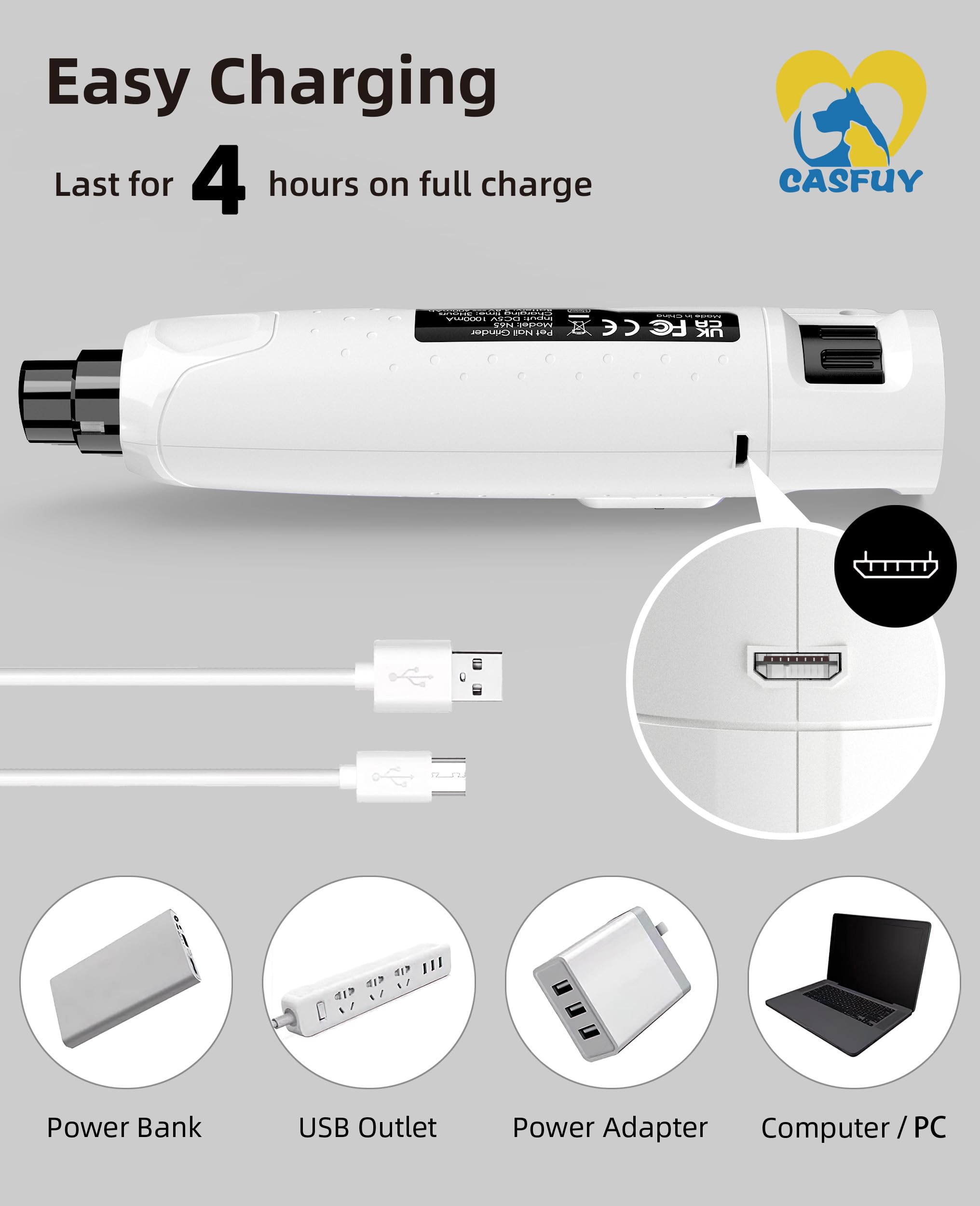 Casfuy rechargeable design powers cordless nail grooming sessions.