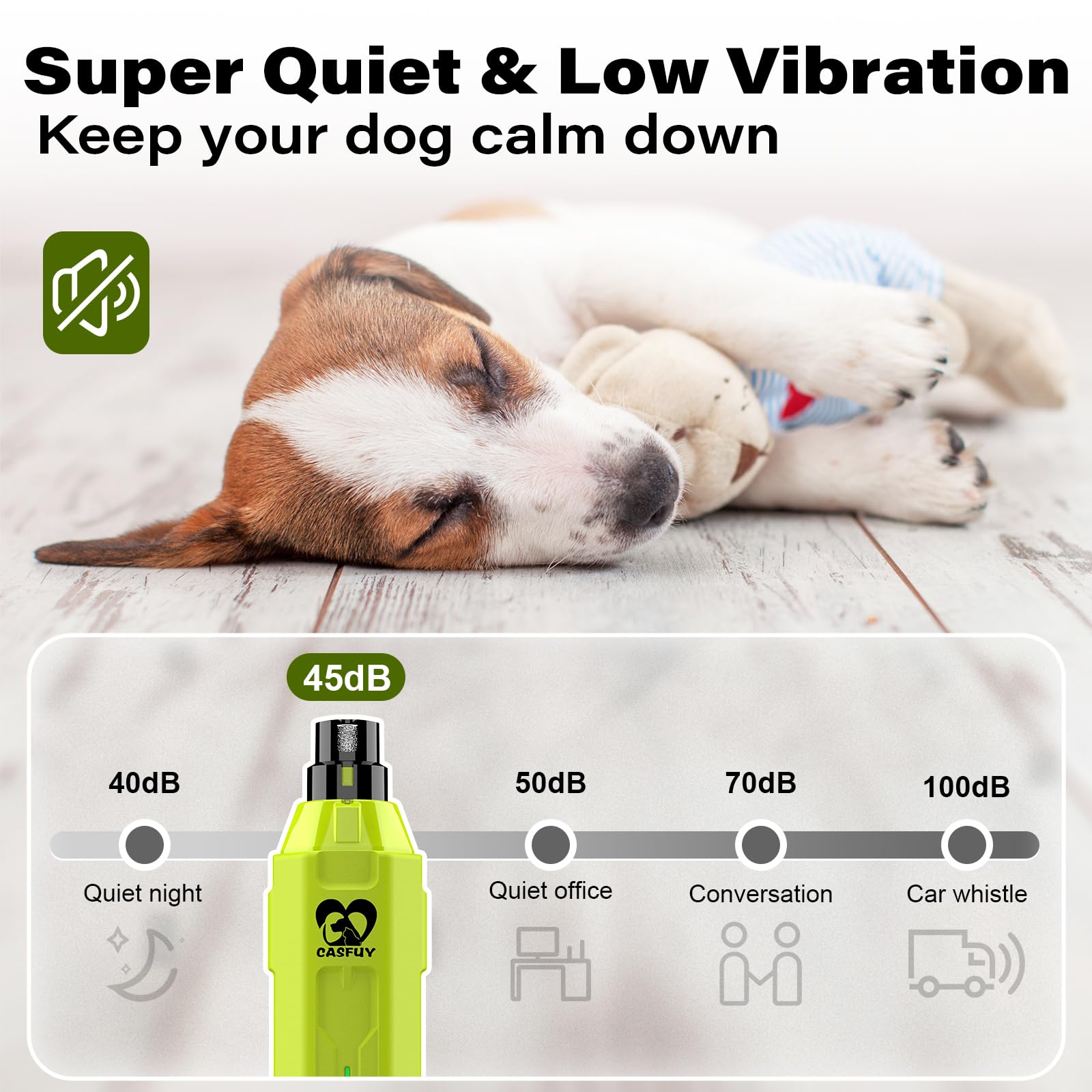 Casfuy quiet operation dog nail grinder with whisper-quiet motor.