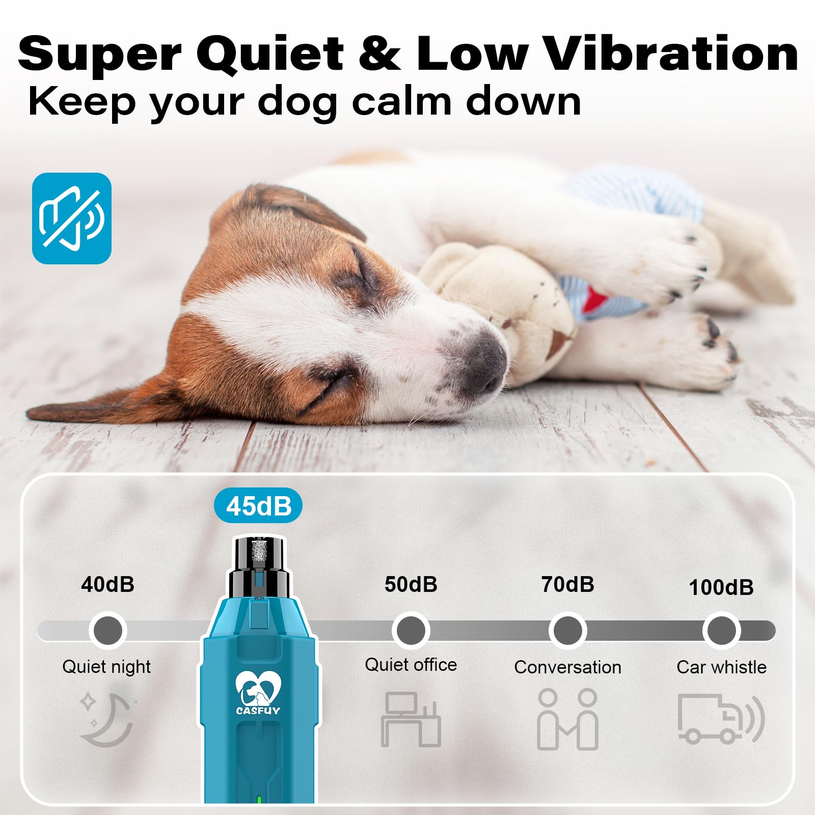Casfuy rechargeable USB dog nail grinder for cordless grooming.