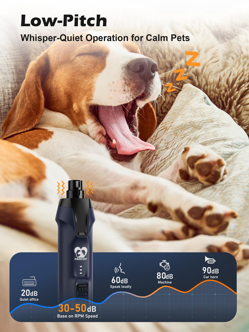 Casfuy dog nail grinder Type-C charging for travel readiness.